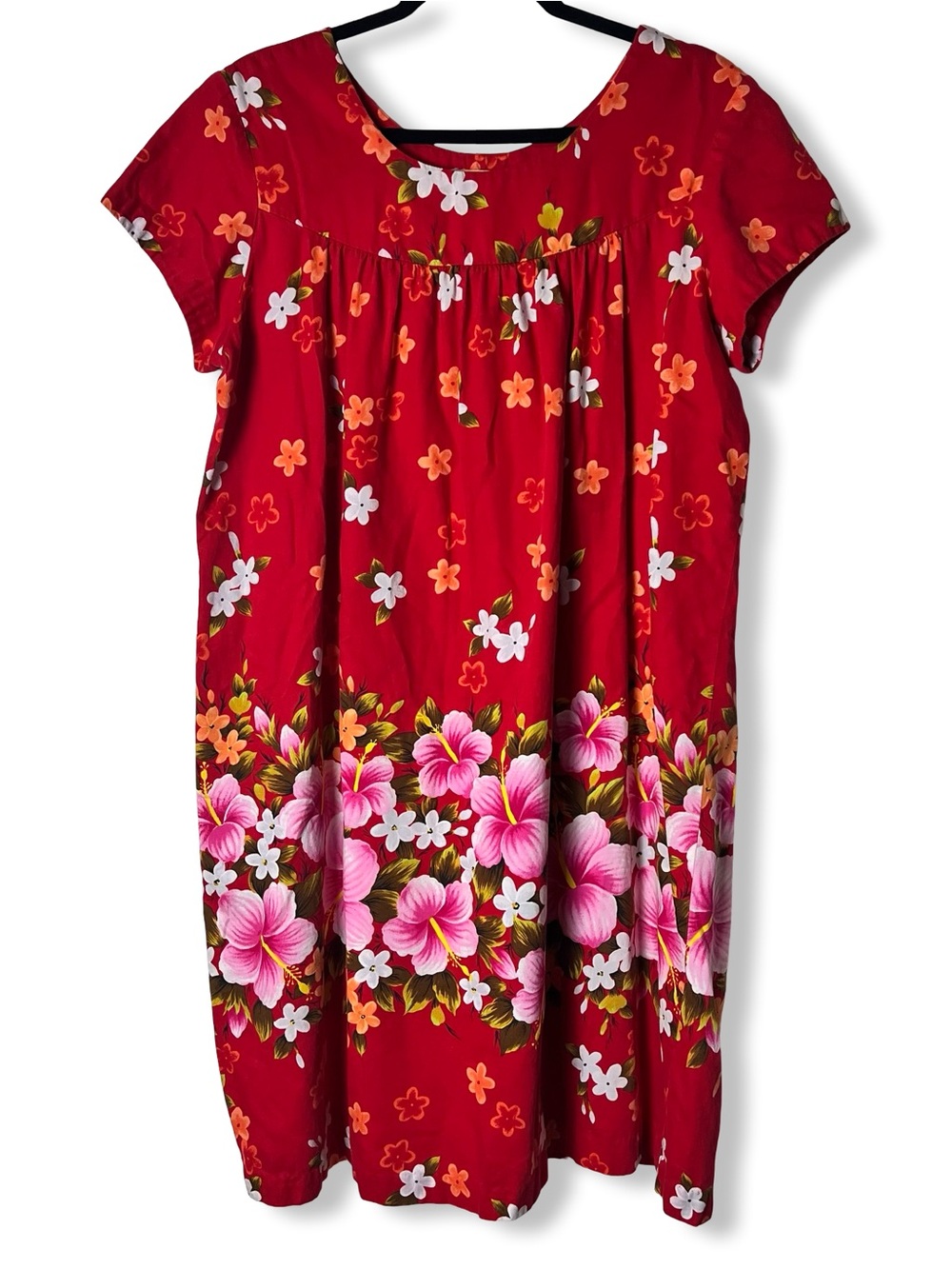 Vintage Ui-Maikai Hawaiian Cotton Muumuu Dress Red Hibiscus Floral